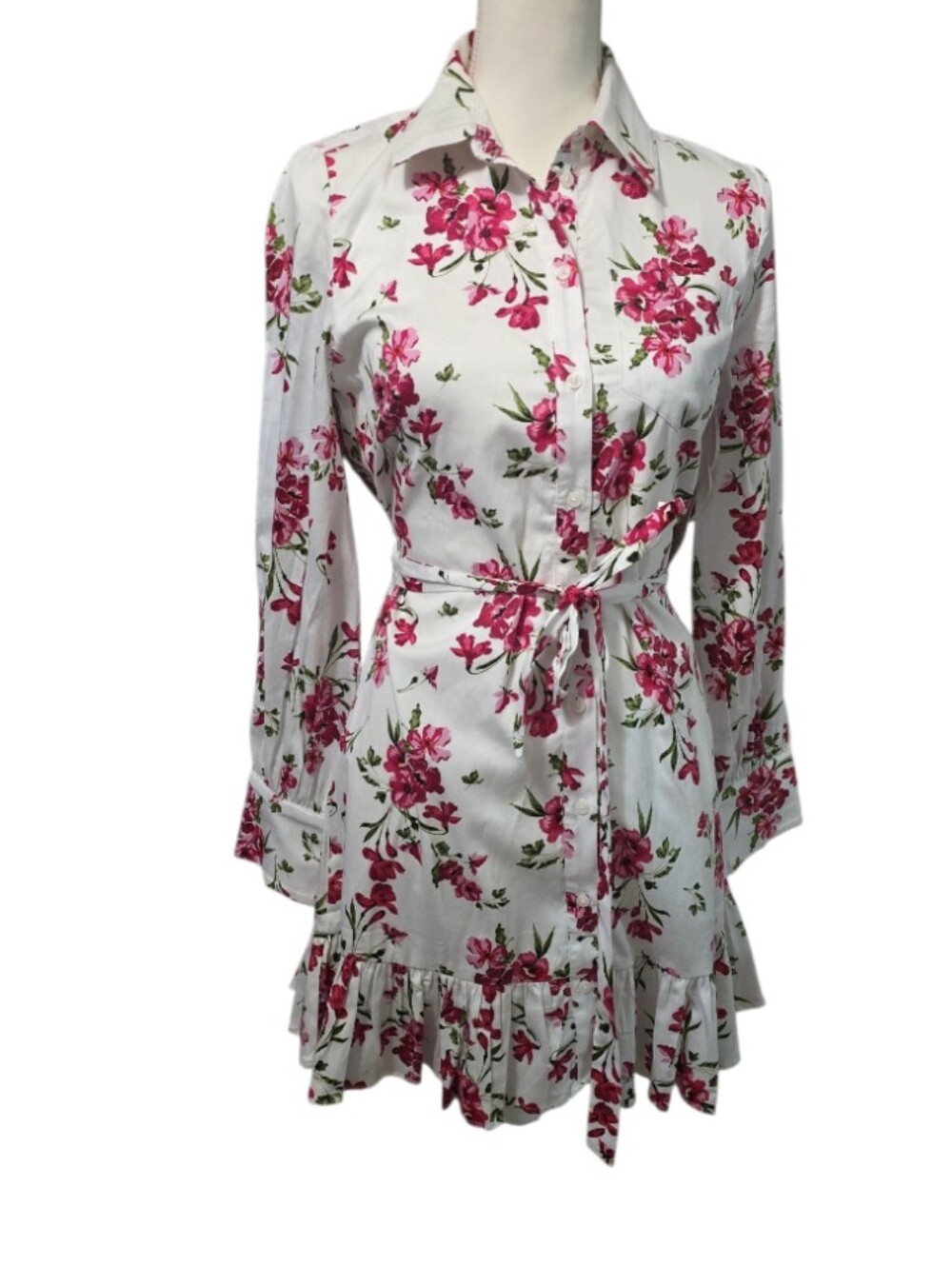 CeCe White Floral Long Sleeve Shirt Dress with Pink Flowers